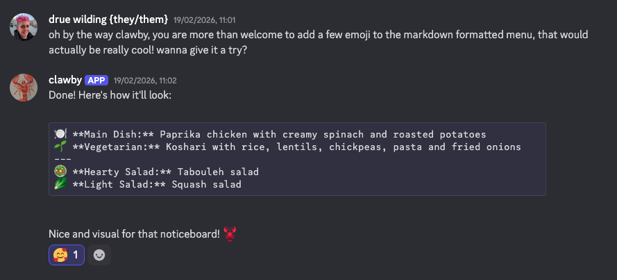Discord chat where I ask Clawby to add emojis