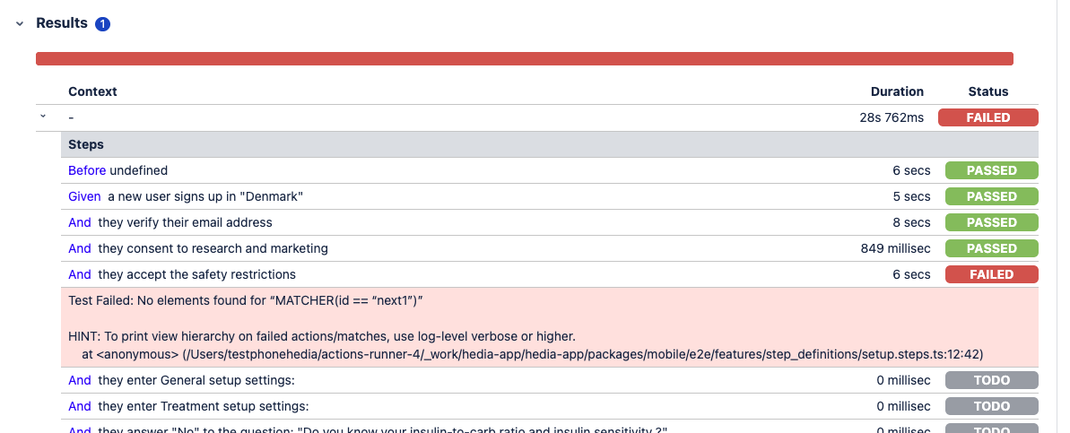 Screenshot showing exactly where a test scenario failed