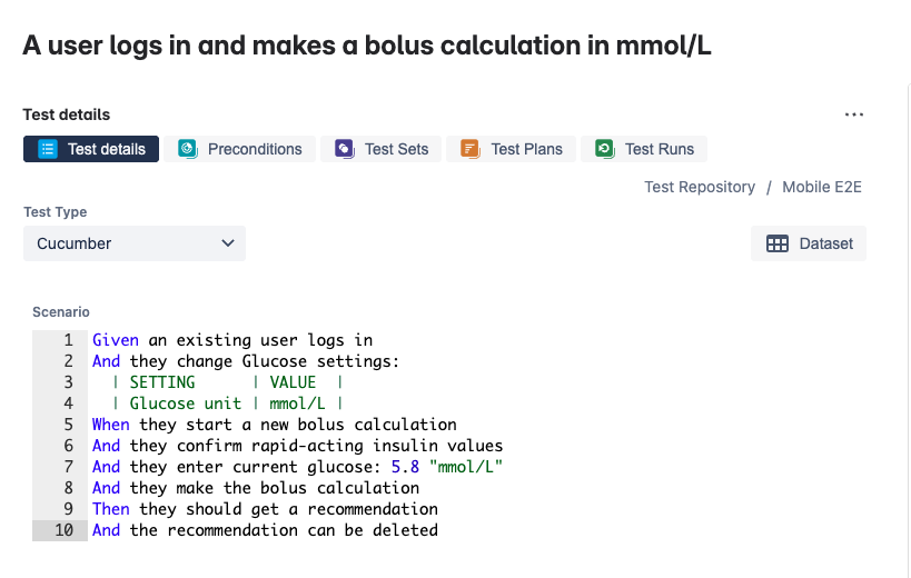 Screenshot of Xray Test showing a Cucumber scenario with Gherkin syntax