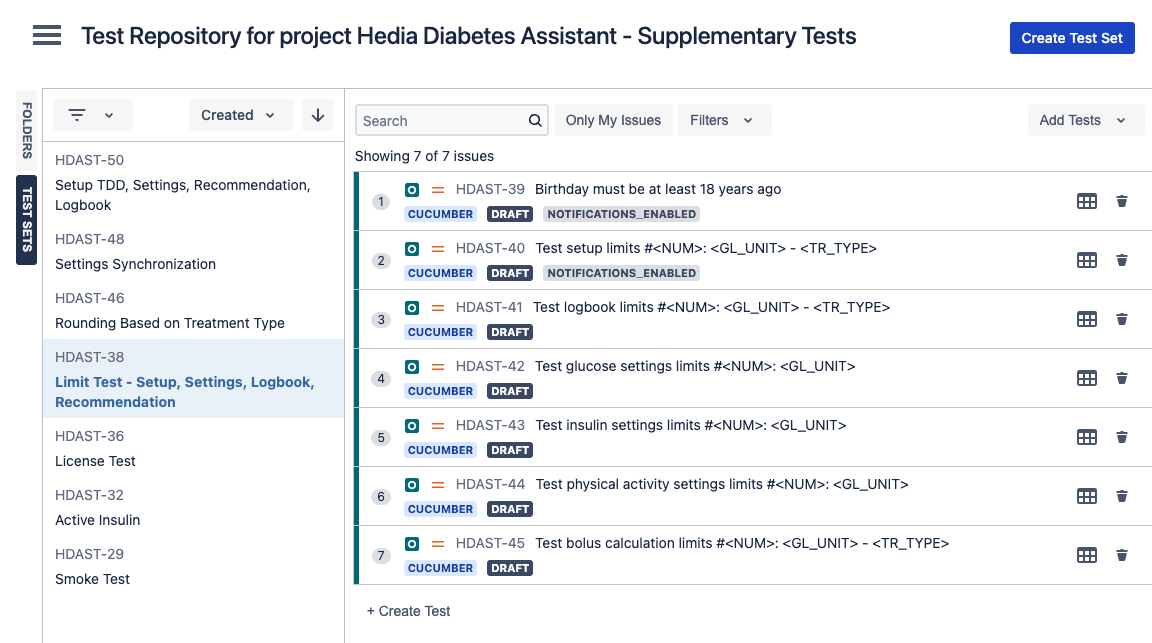 Screenshot showing Xray Test Repository interface with a list of Cucumber scenarios